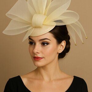 Vintage Ivory Sculpted Mesh Fascinator Hat Gold Beads Derby Tea Party Church